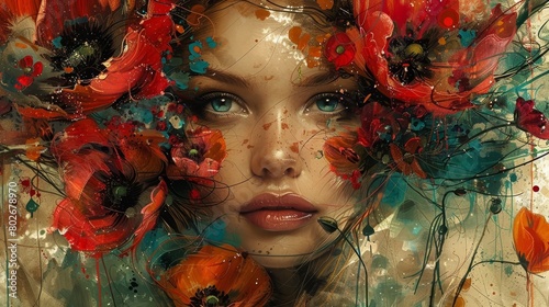 Caravagio surreal lovely woman face with colour eyes shine and background flowers, created by ai