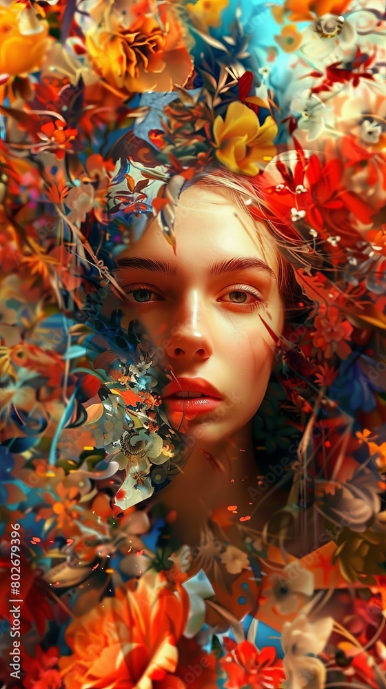 Caravagio surreal lovely woman face with colour eyes shine and background flowers, created by ai Caravagio surreal lovely woman face with colour eyes shine and background flowers, created by ai