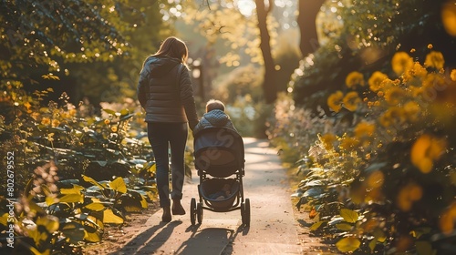 A young couple pushing their baby in a stroller along a tree-lined pathway in a peaceful park. photo