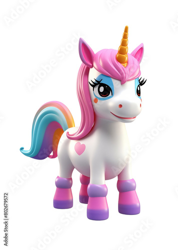 3D cheerful happy unicorn and colorful tail on transparent background. Generative AI