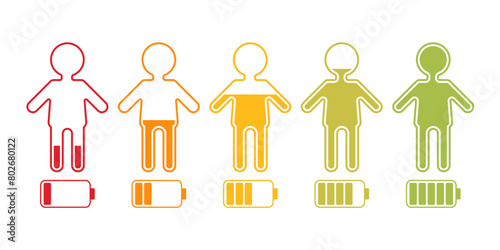 Vector person battery charging icons set. Concept of business, mood, emotion, depression, success, idea.