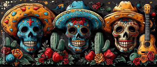Three skulls with hats and a guitar on the right