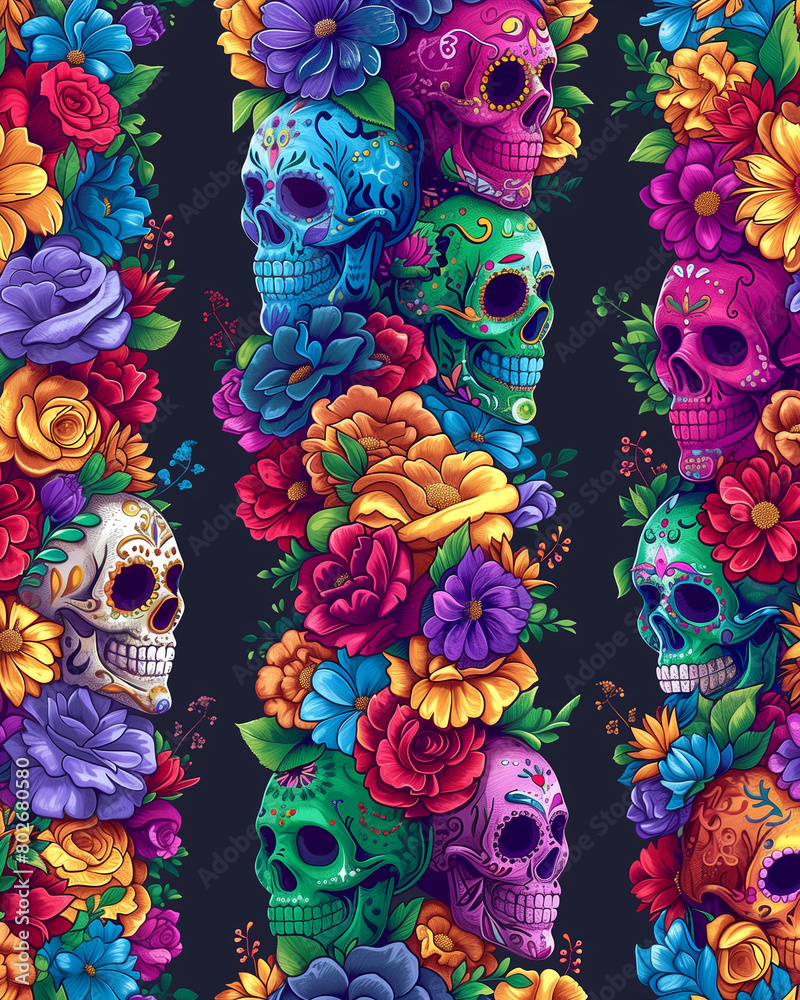 A colorful floral arrangement of skulls and flowers