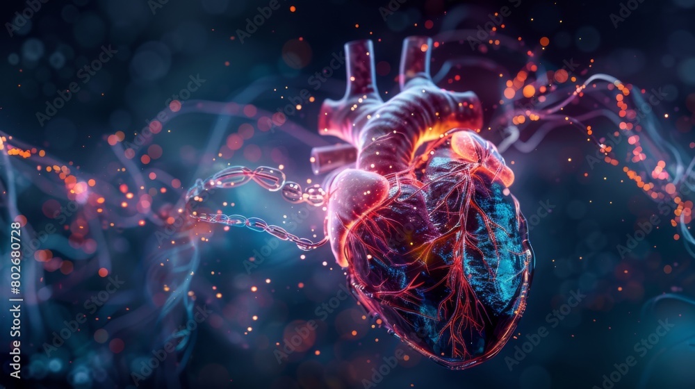 A visually striking 3D rendering image illustrating the electrical conduction system of the heart, including the sinoatrial node (SA node), atrioventricular node (AV node), and bundle A visually striking 3D rendering image illustrating the electrical conduction system of the heart, including the sinoatrial node (SA node), atrioventricular node (AV node), and bundle