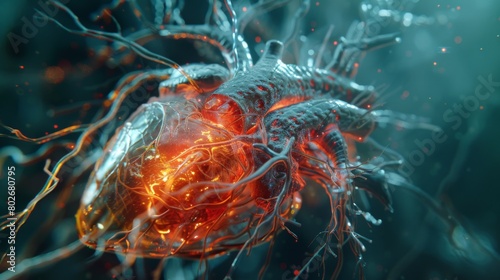 A visually striking 3D rendering image illustrating the electrical conduction system of the heart, including the sinoatrial node (SA node), atrioventricular node (AV node), and bundle photo