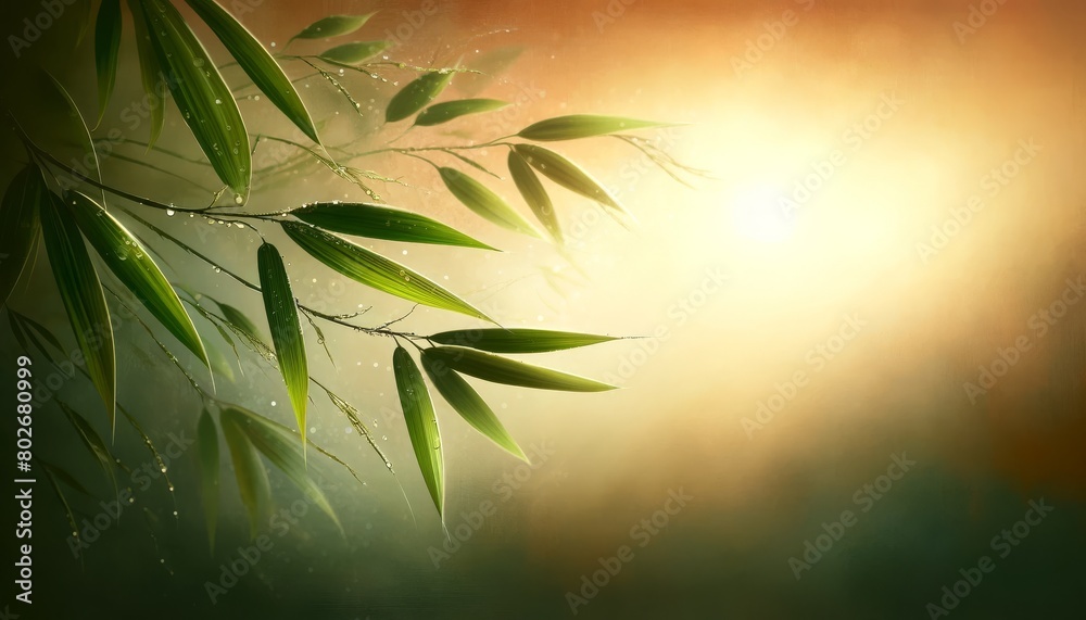A gentle scene of bamboo leaves with a few dewdrops, against a background that blends into the warm, artistic style. A gentle scene of bamboo leaves with a few dewdrops, against a background that blends into the warm, artistic style.