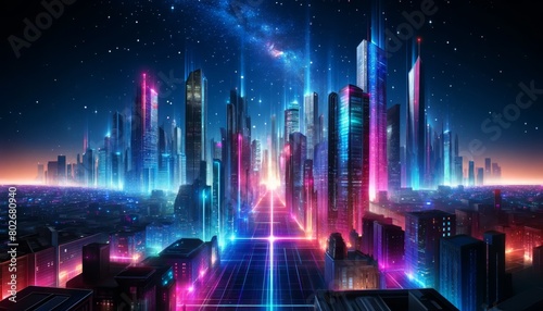 A futuristic cityscape at night, featuring neon lights reflecting off sleek, towering skyscrapers under a starry sky.