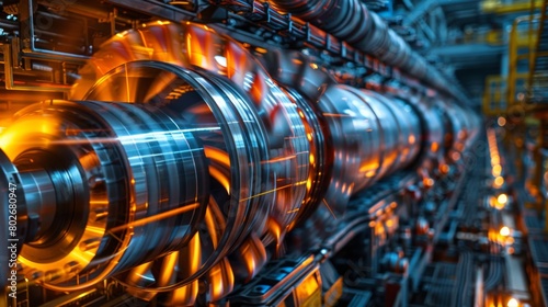 A magazine-style photography shot showcasing the electricity generation process, where mechanical energy from turbines is converted into electrical energy