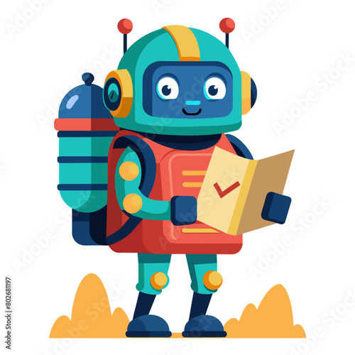 A robot with a backpack and a map