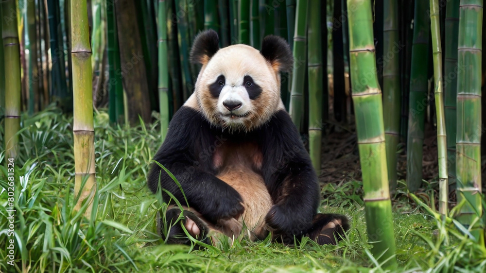 A giant panda bear sits contentedly in a dense bamboo forest. A giant panda bear sits contentedly in a dense bamboo forest.