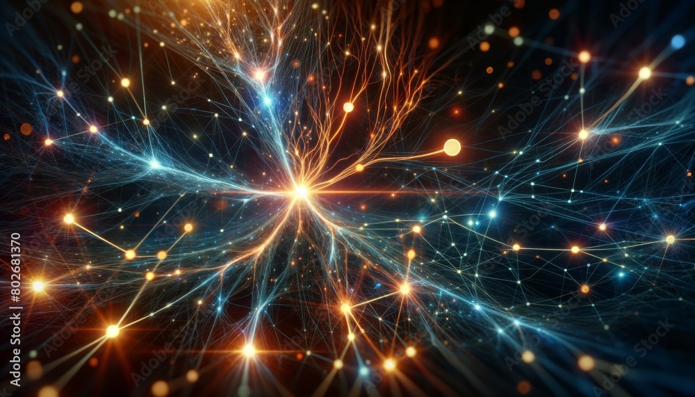 An abstract representation of a neural network with nodes and synapses firing. An abstract representation of a neural network with nodes and synapses firing.