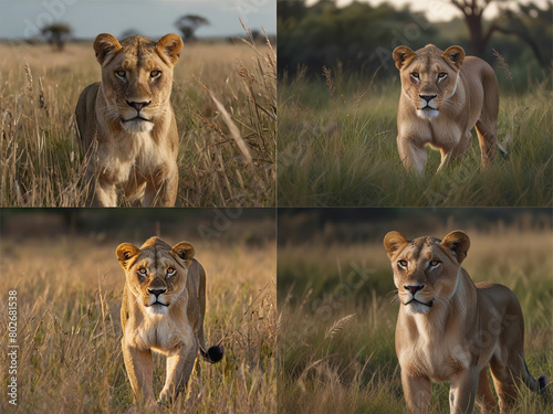 A powerful lioness walks through the tall grass of the African Savannah.