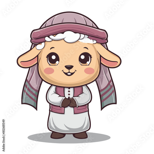 Eid Adha Mubarak  Cartoon Goat Mascot in Keffiyeh and Muslim Clothing - Isolated Vector Illustration EPS 10