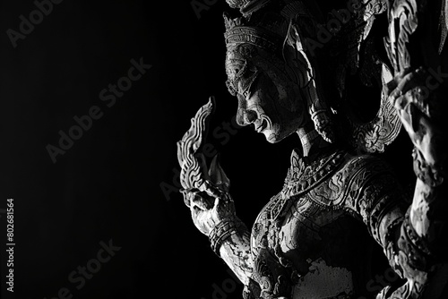 A monochrome photograph capturing the essence of Thai art, Abstract shadowy black background