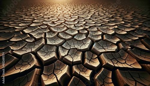 A close-up of the cracked ground of a dry desert, emphasizing the parched earth and deep crevices. photo