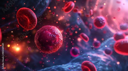 3D rendering image showcasing the process of erythropoiesis, where red blood cells are produced in the bone marrow from hematopoietic stem cells