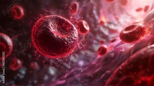 3D rendering image showing the functions of red blood cells, including oxygen transport, carbon dioxide removal, and maintenance of acid-base balance in the blood
