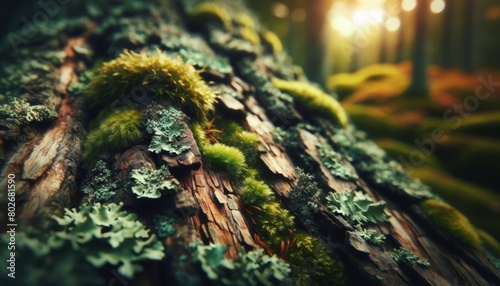 A close-up of tree bark with moss and lichen, capturing the interplay of textures and shades of green, brown, and grey, keeping in spirit with a warm,.