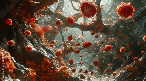 3D rendering image showcasing the process of erythropoiesis, where red blood cells are produced in the bone marrow from hematopoietic stem cells photo