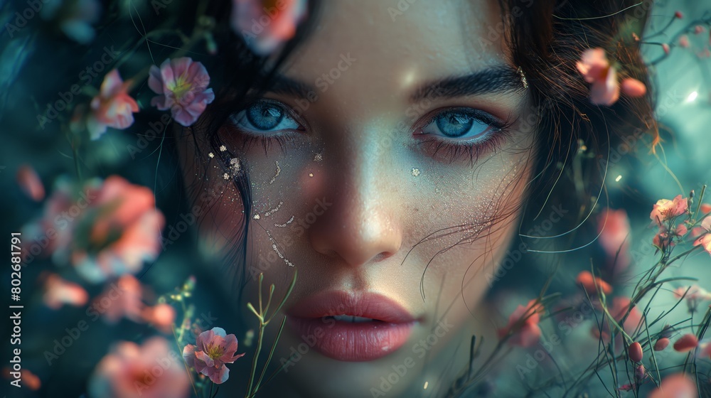 Caravagio surreal lovely woman face with colour eyes shine and background flowers, created by ai Caravagio surreal lovely woman face with colour eyes shine and background flowers, created by ai