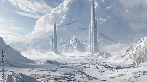 many launch complex in the far distance, skybox, snowy mountain, ice field, white snow photo