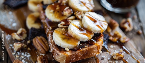 Toast with sliced bananas, nuts, chocolate, and caramel syrup on top.