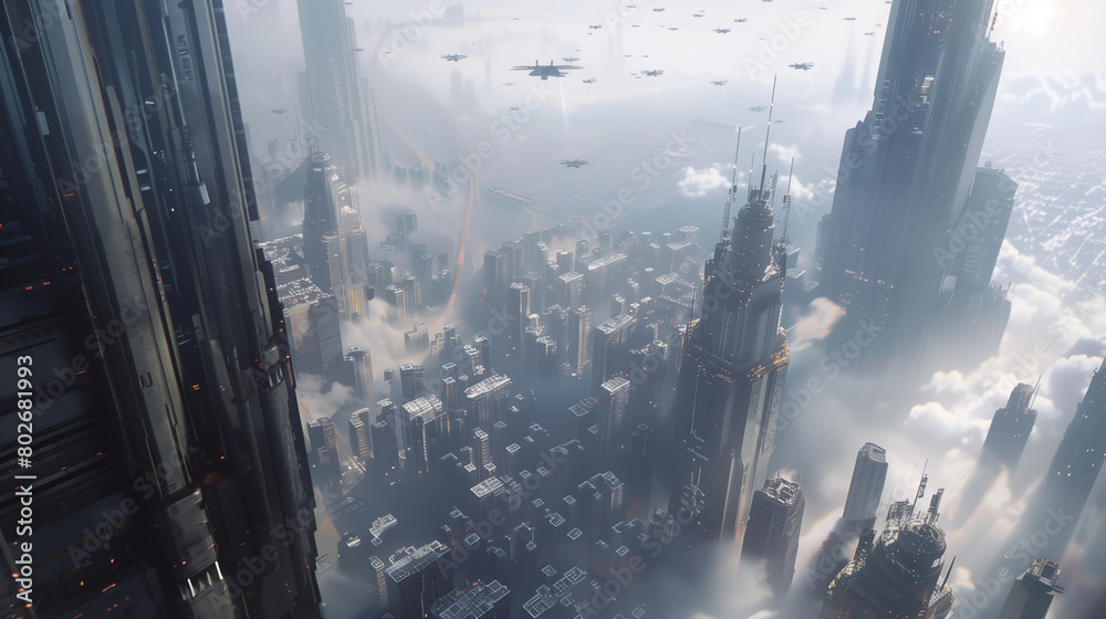 Visualize a futuristic cityscape with towering skyscrapers and flying vehicles.