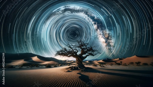 A lone ancient tree under a swirling galaxy of star trails in a desert landscape at night.