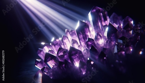 A detailed shot of amethyst crystals, their edges highlighted by a dramatic purple spotlight.