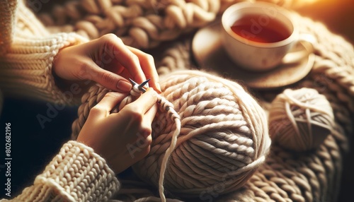 A close-up of hands knitting with soft, chunky, cream-colored yarn. photo