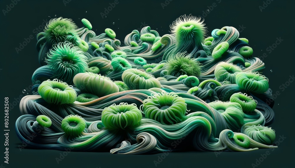 An artistic rendering of a bed of green sea anemones undulating in ocean currents. An artistic rendering of a bed of green sea anemones undulating in ocean currents.