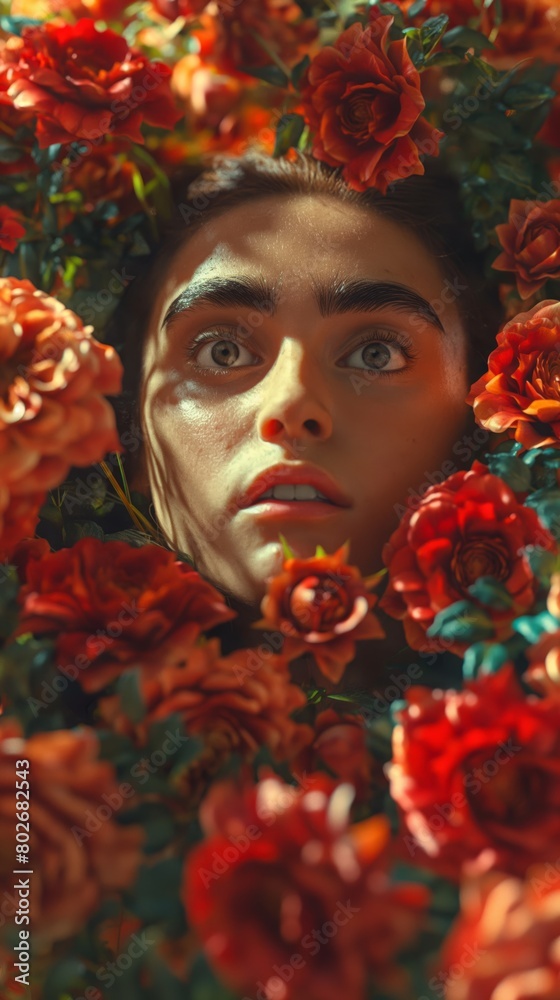 Caravagio surreal lovely woman face with colour eyes shine and background flowers, created by ai Caravagio surreal lovely woman face with colour eyes shine and background flowers, created by ai