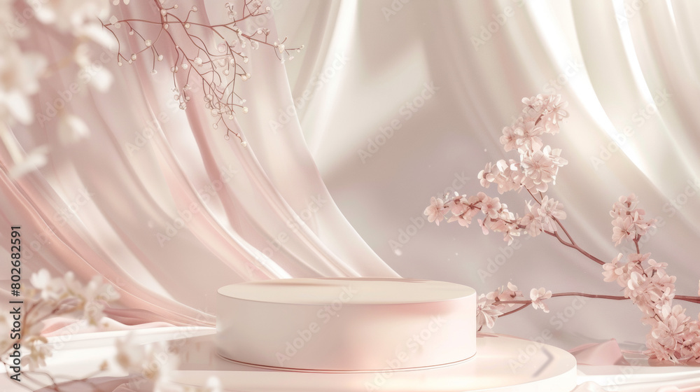 Podium Stand with Soft Pink Blossoms and Elegant Draped Curtains Podium Stand with Soft Pink Blossoms and Elegant Draped Curtains
