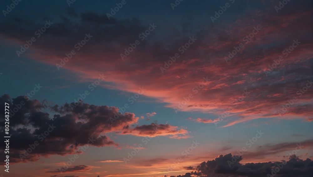 Fototapeta premium In the soft glow of dusk, a sky painted with hues of pink and blue whispers secrets to the dreaming hearts below ai_generated