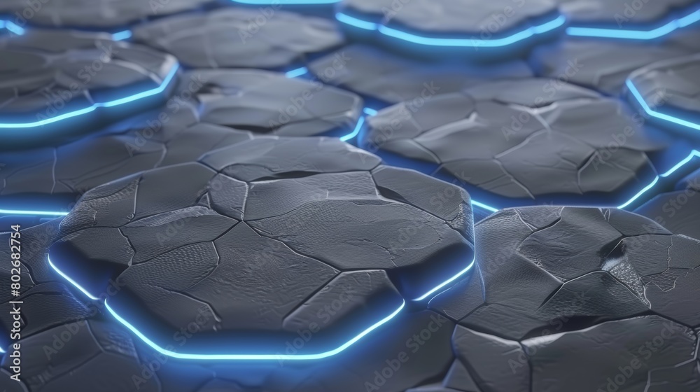 Fototapeta premium Close-up of a dark cracked surface illuminated by glowing blue neon lights, depicting a futuristic scene.