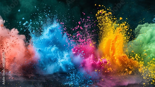 Dynamic and vivid explosion of multicolored powder against a dark background  showcasing an array of colors.