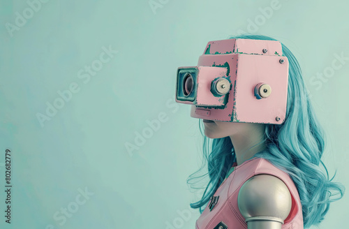 studio shot of a minimal photography of pink pastel robbot with woman head with blue hair against pastel mint background, studio shot photo