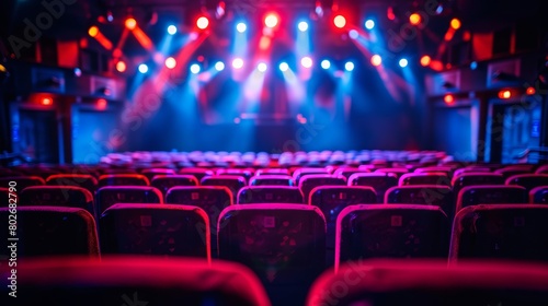Empty red seats in a concert hall with vibrant stage lights in a dark setting, awaiting an audience.