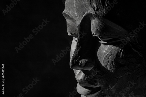 A monochrome photograph capturing the essence of Thai art, Abstract shadowy black background