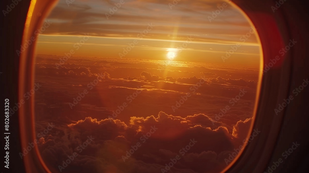 Stunning sunrise over clouds viewed from an airplane window, evoking travel and awe.