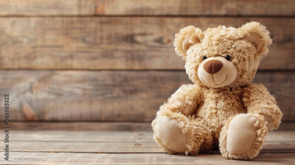 Cute teddy bear sitting alone on a rustic wooden background, conveying comfort and nostalgia. Cute teddy bear sitting alone on a rustic wooden background, conveying comfort and nostalgia.