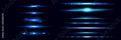 Red horizontal lens flares pack. Laser beams, horizontal light flares. Glowing streaks on dark background. Luminous abstract sparkling lined background.