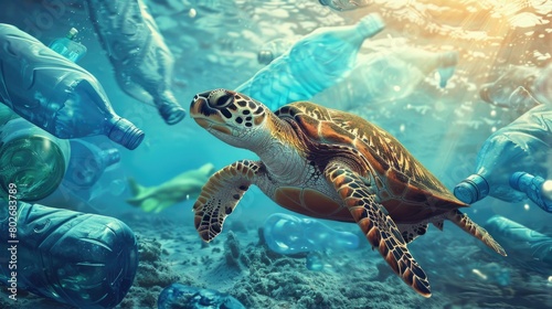 Plastic pollution with turtles swimming underwater between discarded plastic bottles.