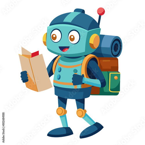 A robot with backpack and map
