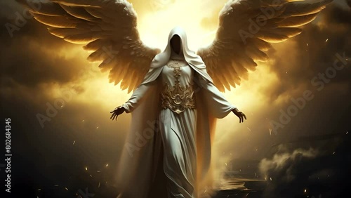 A mythical angel with white wings and armor.