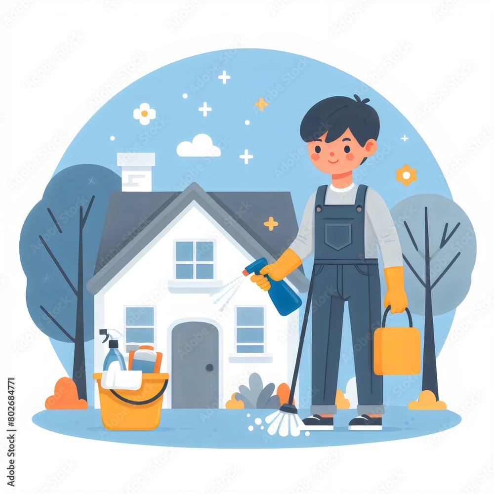 A man in an apron with a house in the background A man in an apron with a house in the background