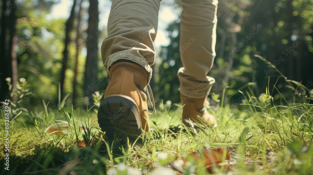 A man taking a break to step outside for a walk in nature finding solace and calm in the outdoors. A man taking a break to step outside for a walk in nature finding solace and calm in the outdoors.