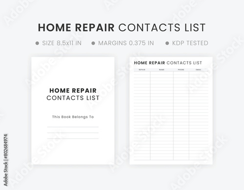 Printable Home Repair Contacts List Template, Repairman Contacts, Home Management