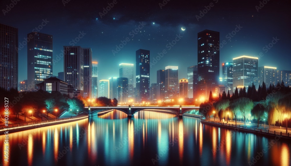 Naklejka premium A serene night cityscape in a 16_9 ratio.