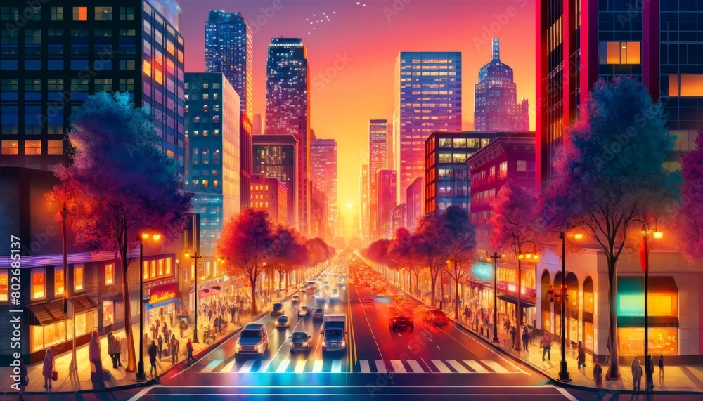 A vibrant cityscape at sunset in a 16_9 ratio.